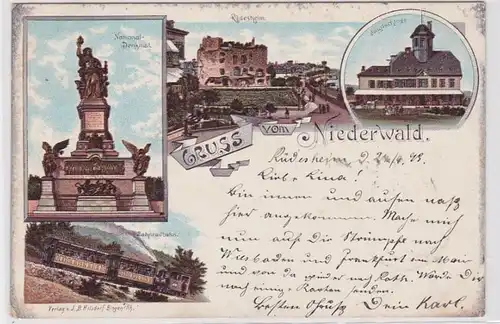 92110 AK Gruss de Niederwald - Monument national, Château de chasse & Dentradbahn 1899