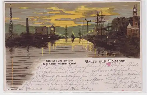 92116 AK Gruss de Holtenau - écluse & entrée à l'empereur Wilhelm canal 1902