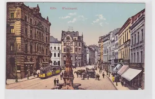 92125 AK Köln - Waidmarkt mit Brunnen,Geschäften, Kutschen & Straßenbahn um 1920