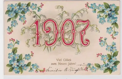 92335 Neujahrs Präge Ak Vergißmeinnicht und Jahreszahl 1907