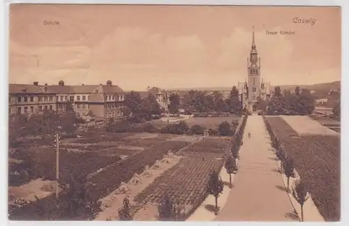 92727 AK Coswig - Vue sur la route avec école et nouvelle église 1927