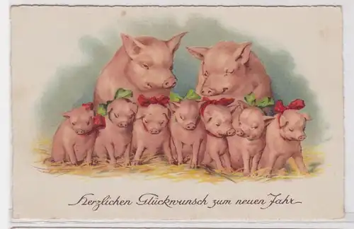92780 Ak Félicitations pour la nouvelle année Famille porcine vers 1930