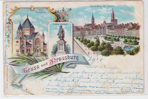 92922 Ak Lithographie Gruß aus Strassburg neue Synagoge, Kleberplatz usw. 1898