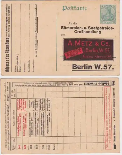 93011 DR Ganzsachen Postkarte P90 Zudruck A.Metz & Co. Saat-Großhandlung Berlin