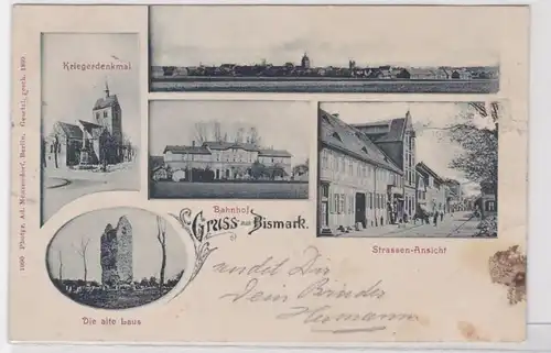 93671 Lithografie AK Gruss aus Bismark - Bahnhof, Kriegerdenkmal & Bahnhof 1901