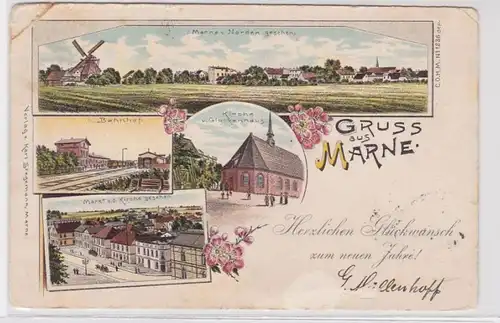 93703 AK Gruss de Marne - église, gare, marché et clocher 1897
