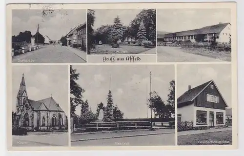 93730 AK Gruß aus Astfeld - Kirche, Ehrenmal, Geschäftshaus Enss, Schule 1956