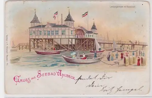 94410 Ak Lithographie Salutation de la piscine maritime Ahlbeck Pont d'atterrissage avec restaurant 1903