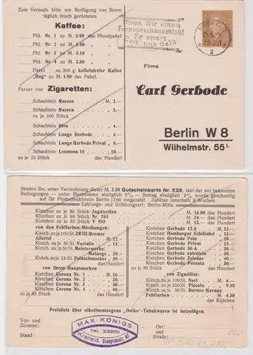 96640 DR entier carte postale PP109/B1/15 Carl Gerbode Cigarren Berlin 1929