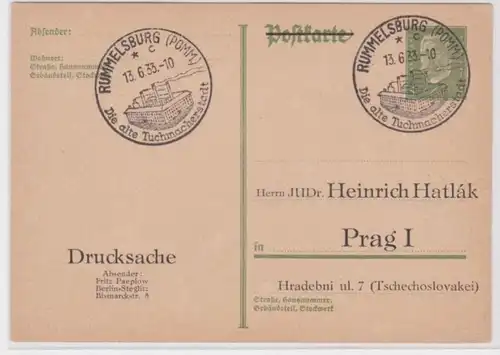 97010 DR Ganzsachen Postkarte P180 Zudruck Heinrich Hatlak Prag Rummelsburg 1933