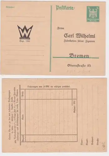 97014 DR Ganzsachen Postkarte P164 Zudruck Carl Wilhelmi Zigarrenfabrik Bremen