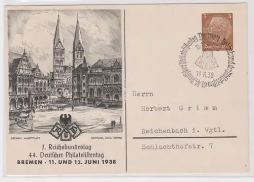 97319 Carte des objets entiers PP122/C87/01 44. dt. Philatelistentag Bremen 1938 Hôtel de ville