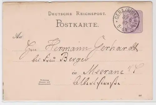 97582 DR Carte postale complète P16 Gera (Reus ligne plus jeune) vers Meerane 1887