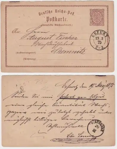 97619 DR Carte postale P1 Erfurt vers Chemnitz 19 mars 1875