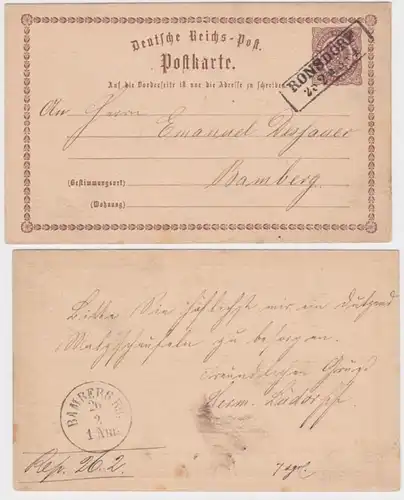97621 DR Ganzsachen Postkarte P1 Ronsdorf nach Bamberg 1874