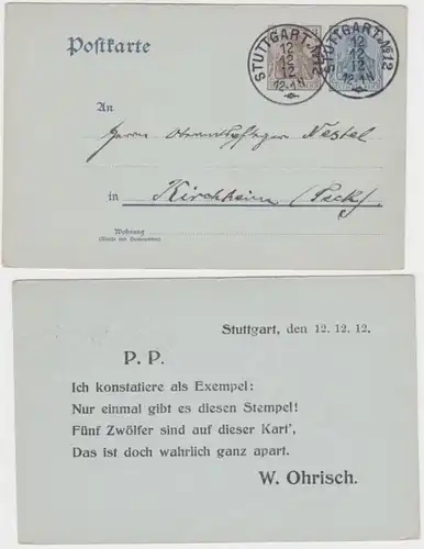 97704 DR Ganzsachen Postkarte P70X Zudruck W. Ohrisch Stuttgart 12.12.1912