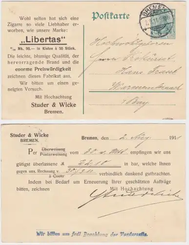 97834 DR Ganzsachen Postkarte P90 Zudruck Studer & Wicke Zigarren Bremen 1911