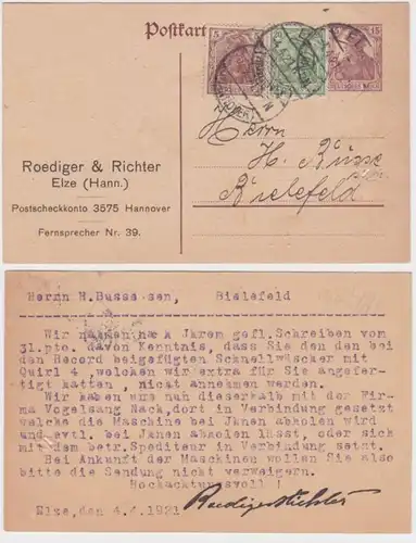 97984 DR Ganzsachen Postkarte P116 Zudruck Roediger & Richter Elze (Hann.) 1921