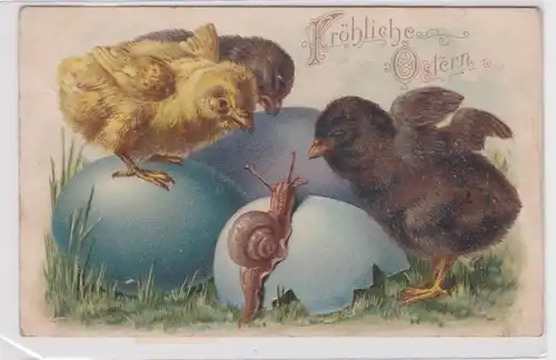 00737 Fröliche Ostern Präge Ak 2 Küken und Schnecke 1908