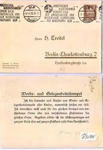 03671 Privat Ganzsachen Postkarte PP77/B2 H. Treitel Berlin-Charlottenburg 1928