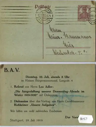 06151 DR Ganzsachen Postkarte P109 Zudruck Einladung B.A.V. Stuttgart 1919