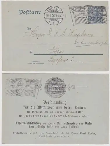 21178 DR Ganzsachen Postkarte P63 Zudruck Versammlung Konzerthaus Lübeck 1906