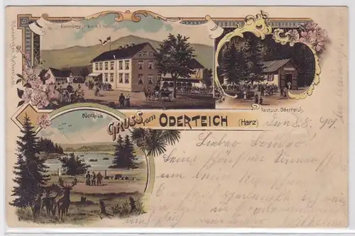 24377 Lithografie AK Gruss vom Oderteich (Harz) - Sonnenberg & Restaurant 1897