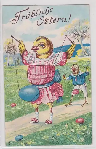 26452 Fröhliche Ostern Ak Küken balancieren mit Eiern 1909