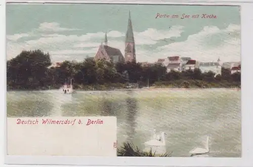 33110 Ak Deutsch Wilmersdorf bei Berlin Partie am See mit Kirche um 1900