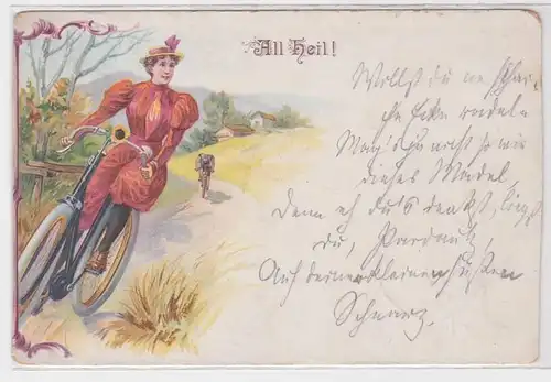 40722 Fahrrad Ak All Heil! Frau in rotem Kleid auf Fahrradtour 1898