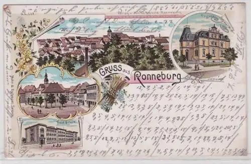 40926 Ak Lithographie Gruß aus Ronneburg Sa.Alt. Postamt, Neue Schule usw. 1899