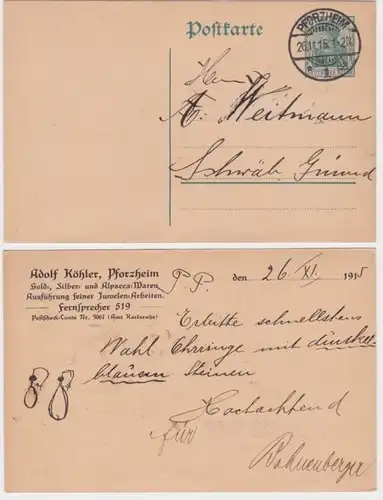 59801 Ganzsachen Postkarte P96 Zudruck Adolf Köhler Gold-Waren Pforzheim 1915