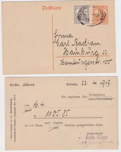 60276 entier Carte postale P110 impression N° de catalogue Albert GRIZ Bahnpost 1919