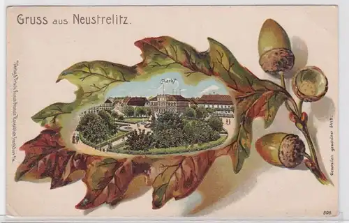 67737 AK Gruss de Neustrelitz - Marché avec parc & Monument, Fig. en feuille de chêne