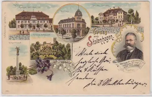 67809 Ak Lithographie Salutation de Stavenhagen Monument aux Guerriers, poste, etc 1899