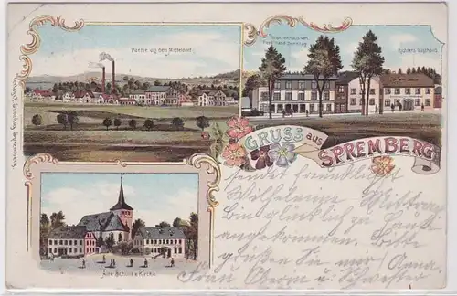 69714 Ak Lithographie Salutation de Spremberg Warenhaus, Gasthaus , école 1904