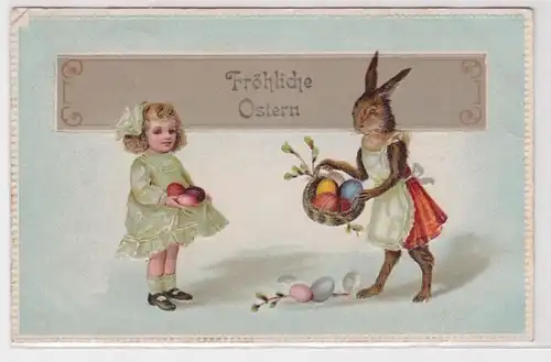 69722 Glückwunsch Präge AK Fröhliche Ostern - Osterhäsin sammelt Eier 1914
