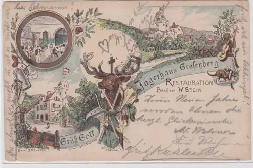 71755 Ak Lithographie Grüß Gott vom Jägerhaus Grafenberg Restauration 1898