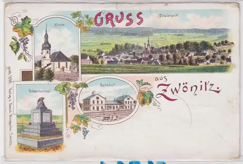 72006 Lithografie AK Gruss aus Zwönitz - Kirche, Denkmal, Bahnhof & Totalansicht
