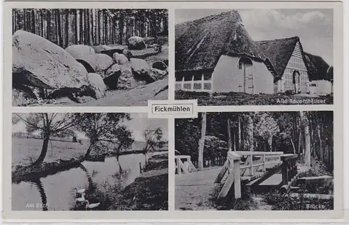 72535 AK Fickmühlen - Hünengrab, Am Bach, Alte Bauernhäuser und Brücke 1941