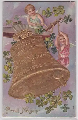 75593 Félicitations AK Prosit Nouvel An, deux anges sonnent cloche d'or 1909