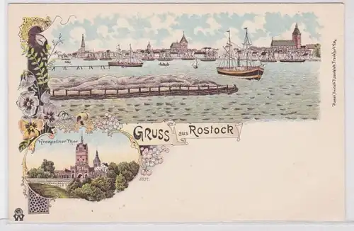 76276 Lithographie AK Gruss de Rostock - Thor et vue sur le port de Kroepelin