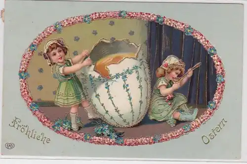 77011 Glückwunsch AK Fröhliche Ostern, Kinder löffeln aus offenem Osterei 1912