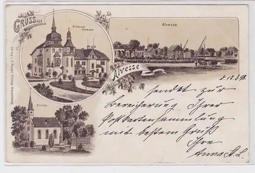 77412 AK Gruss aus Alvesse - Rittergut, Kirche & Totalansicht 1898