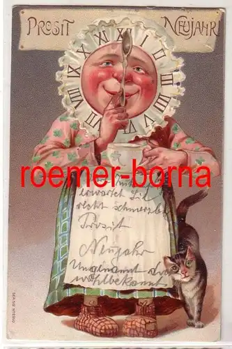 81147 geprägte Ak Prosit Neujahr! Oma mit Haube als Uhr gestaltet 1910