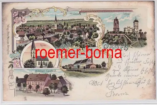 81301 Ak Lithographie Gruß aus Pouch Gasthof, Teppich Fabrik usw. 1901
