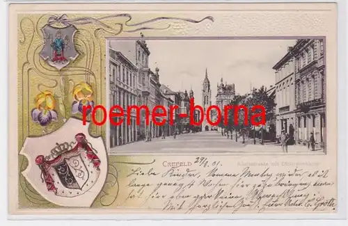 81431 geprägte Ak mit Wappen Crefeld Rheinstrasse mit Dionysiuskirche 1901