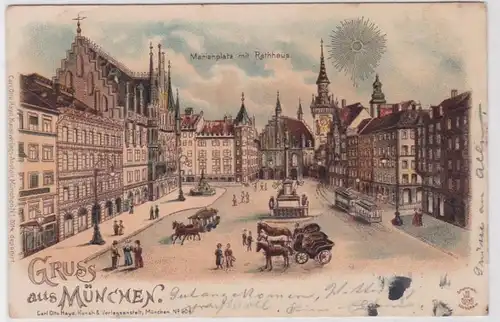 81907 AK Gruss aus München - Marienplatz mit Rathaus, Denkmal & Verkehr 1900