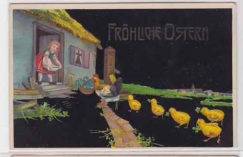 82878 Fröliche Ostern Präge Ak Haus mit Huhn und Küken 1914