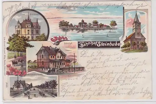 83065 Lithografie AK Gruss vom Bahnhof Steinhude - Villa, Kirche & Bahnhof 1899